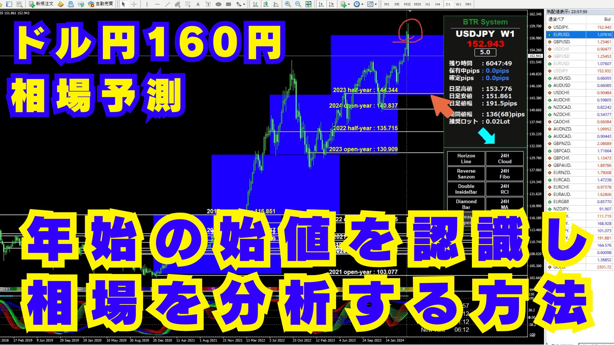 [ドル円160円相場予測]年始の始値を認識し相場を分析する方法『BTR_System Year Open Line』インジケーターレビュー動画